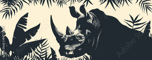 Muzzle of rhinoceros profile silhouette with leaves of tropical vegetation of exotic forests. The concept of protecting animals and forest environment. vector simple illustration