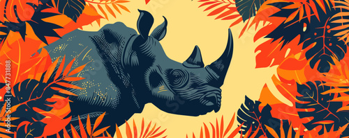 Muzzle of rhinoceros profile silhouette with leaves of tropical vegetation of exotic forests. The concept of protecting animals and forest environment. vector simple illustration