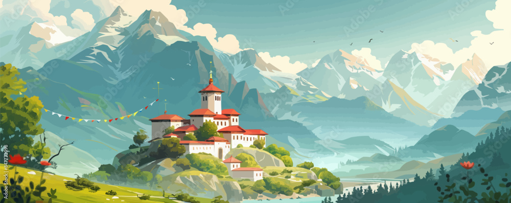 Mystical mountain monastery nestled in a serene valley, with prayer flags fluttering in the breeze. Vector flat minimalistic isolated illustration.