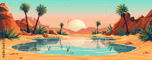Mystical desert oasis with palm trees, a shimmering pool, and desert wildlife. Vector flat minimalistic isolated illustration.