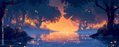 Mystical forest pond surrounded by ancient trees, with fireflies dancing above the still waters. Vector flat minimalistic isolated illustration.