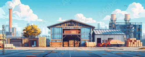 Open-air woodworking facility with loading machines for fresh wood, wood for construction and furniture, wood machinery. vector simple illustration
