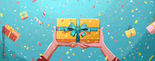 Opening gift box. Hands unwrapping colorful present packaging. Birthday surprise, Christmas celebration, holidays greeting concept. Vector flat minimalistic isolated illustration