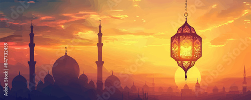 ornamental Arabic lantern and mosque in background. vector simple illustration