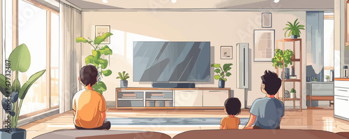 Parent and child watching TV in the living room Vector flat minimalistic isolated illustration