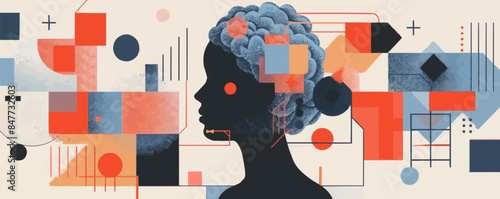 Philosophy, psychology, mental health concept. Inner world of a person. Minimal abstract illustration with geometric shapes and modern architecture. Human mind, brain, thinking. Vector flat