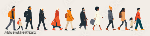 People of various generations and nationalities walking Vector flat minimalistic isolated illustration