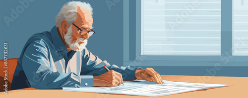Photo of a senior reviewing a pension transfer form with a close up on the document and his pen highlighting the process of managing pension assets Vector flat minimalistic isolated illustration