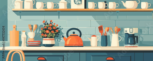 perfect kitchen accessory, a classic tea kettle sits atop the table, ready to fill the room with a familiar aroma. vector simple illustration