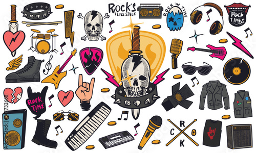 Hand drawn set of rock music doodle music instruments in doodle style isolated on white background.