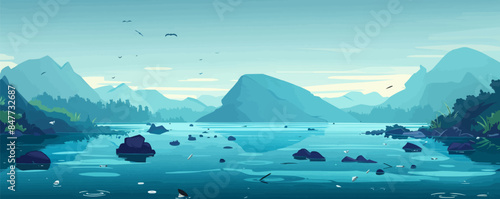 Polluted water bodies with floating debris and mysterious islands shrouded in thick fog. Vector flat minimalistic isolated illustration.