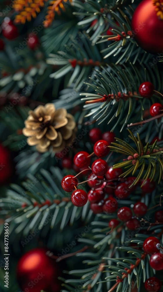 Christmas tree with red and gold ornaments and pine cones. Christmas background. Christmas tree with red and gold ornaments and pine cones. Christmas background.