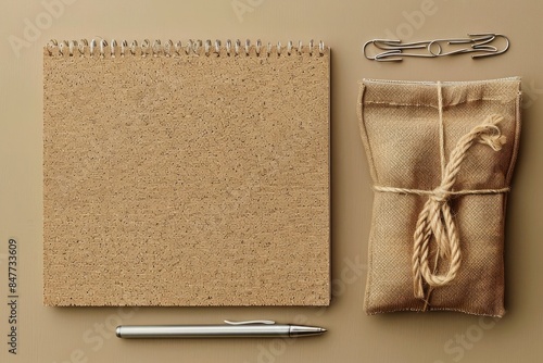 A flat lay of recycled paper clips, a cork notepad, and a jute pen case, neatly arranged on a plain brown background