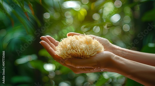 Hand holding lion's mane mushrrom in a green forest photo