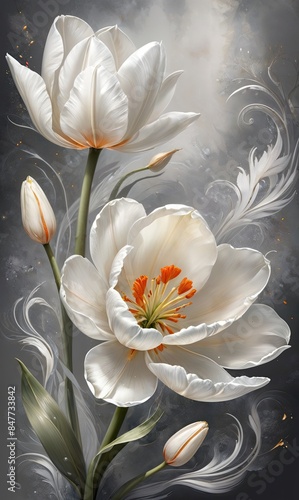 Beautiful abstract white tulips painted on a gray background