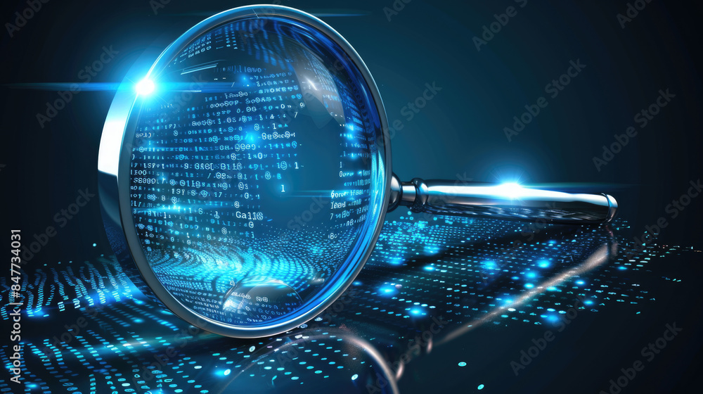 Data analysis concept with magnifying glass, digital data search, binary code investigation, information technology, cybersecurity research, virtual data inspection, digital forensic analysis Data analysis concept with magnifying glass, digital data search, binary code investigation, information technology, cybersecurity research, virtual data inspection, digital forensic analysis