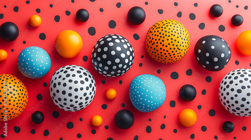 A red background with many different colored balls with black and white dots. The balls are arranged in a way that they look like they are in a pattern A red background with many different colored balls with black and white dots. The balls are arranged in a way that they look like they are in a pattern