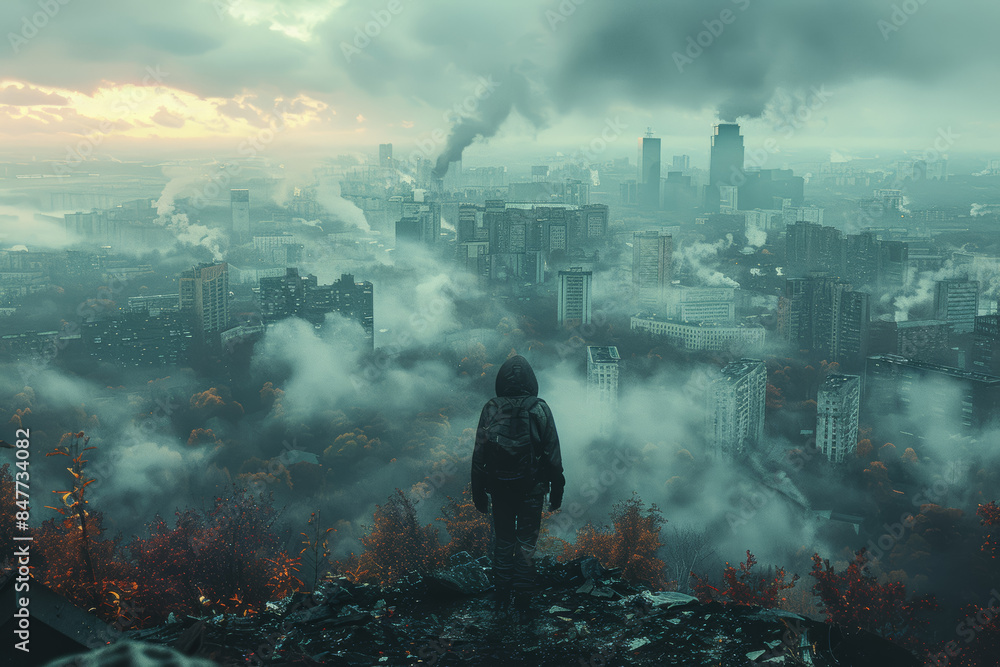 A lone zombie standing on a hill overlooking a destroyed city. Concept of desolation and aftermath. Generative Ai. A lone zombie standing on a hill overlooking a destroyed city. Concept of desolation and aftermath. Generative Ai.