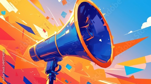 Vibrant blue bullhorn adorned with striking yellow bolts showcasing a captivating announcement concept in a dynamic cartoon 2d illustration © AkuAku