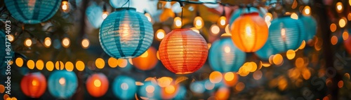 String lights and colorful paper lanterns in a festive setting B