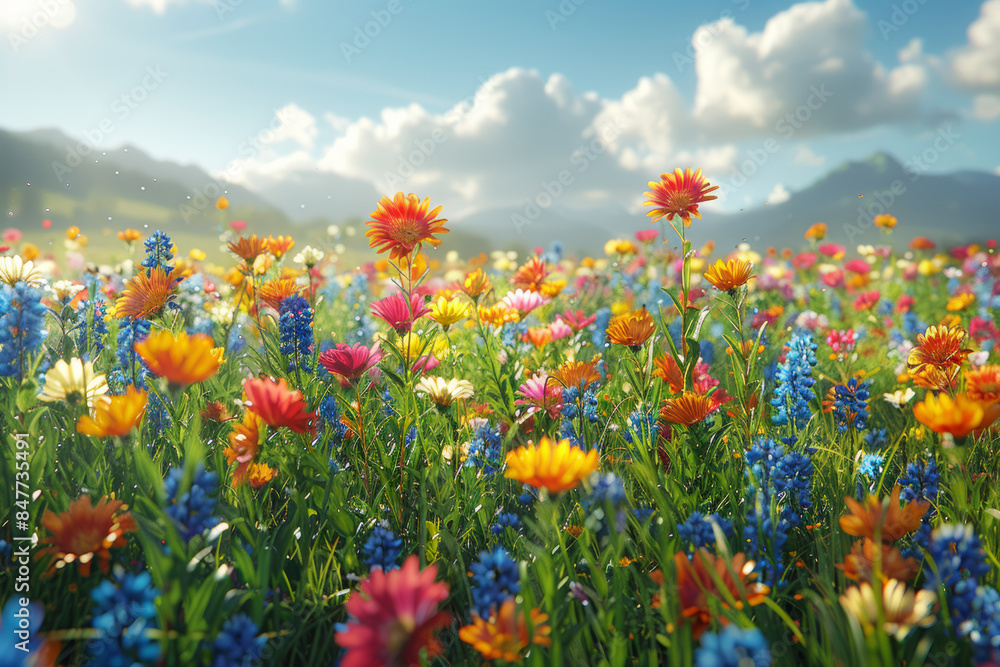 A lush meadow with colorful wildflowers in full bloom. Concept of beauty and nature. Generative Ai. A lush meadow with colorful wildflowers in full bloom. Concept of beauty and nature. Generative Ai.