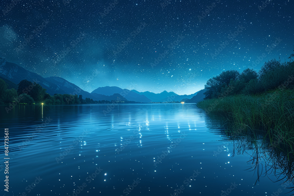 A starry night sky over a calm lake with reflections on the water. Concept of serenity and night. Generative Ai. A starry night sky over a calm lake with reflections on the water. Concept of serenity and night. Generative Ai.