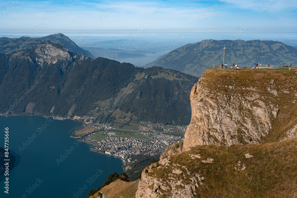 Ingenbohl village and Fronalpstock summit viewpoint in Switzerland. Swiss Alps iconic view