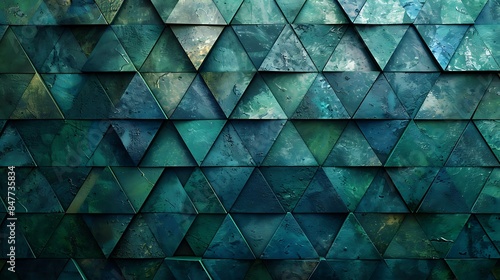 An abstract background with small, tessellated triangles in shades of blue and green, hd quality, digital illustration, geometric precision, high contrast, modern design, elegant simplicity.