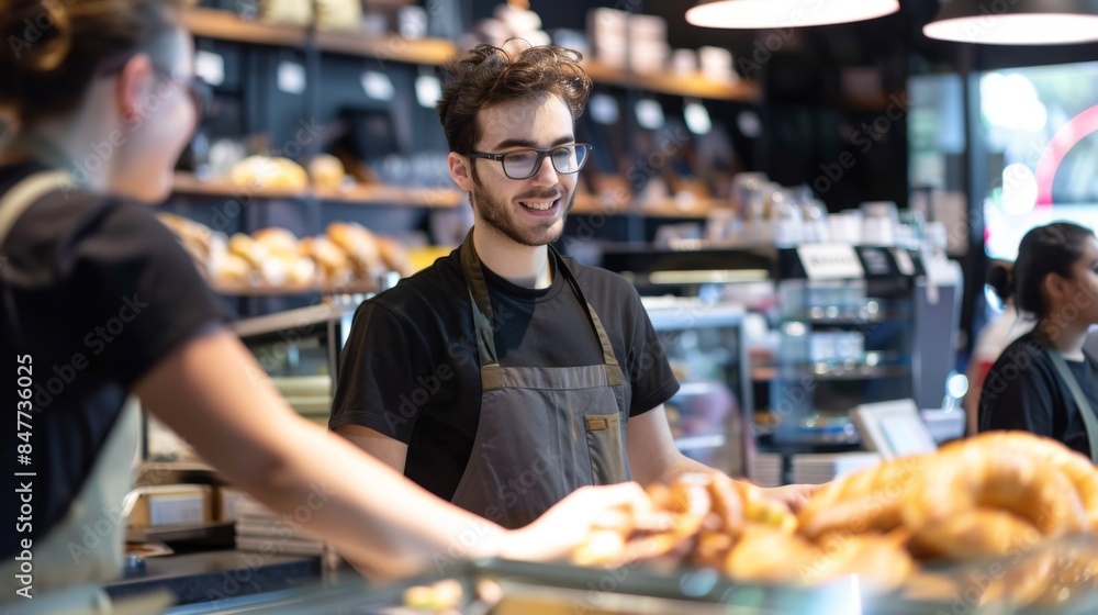 A baker assists a customer at a bakery counter A baker assists a customer at a bakery counter