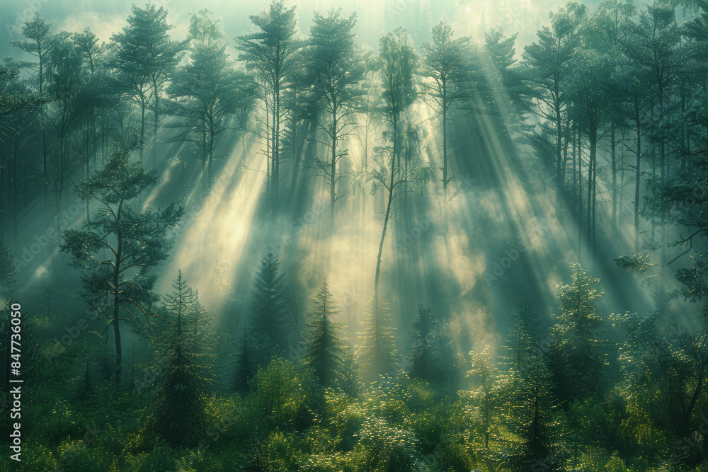 A misty morning in a pine forest with rays of light breaking through. Concept of mystery and nature. Generative Ai. A misty morning in a pine forest with rays of light breaking through. Concept of mystery and nature. Generative Ai.