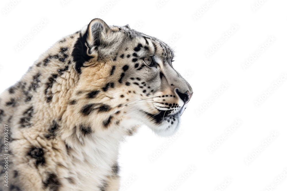 Naklejka premium Side profile of a majestic snow leopard with clear white fur and black spots against a clean transparent background. showcasing its elegant features.