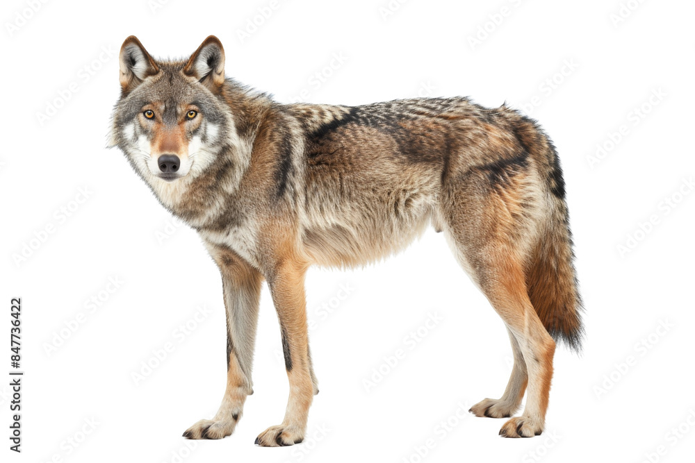 Obraz premium Close-up view of a majestic wolf standing and staring, isolated on a transparent background. showcasing its natural beauty and strength.