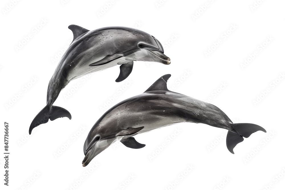 Obraz premium Two dolphins swimming together on a transparent background. showcasing their streamlined bodies and graceful movements in the water.