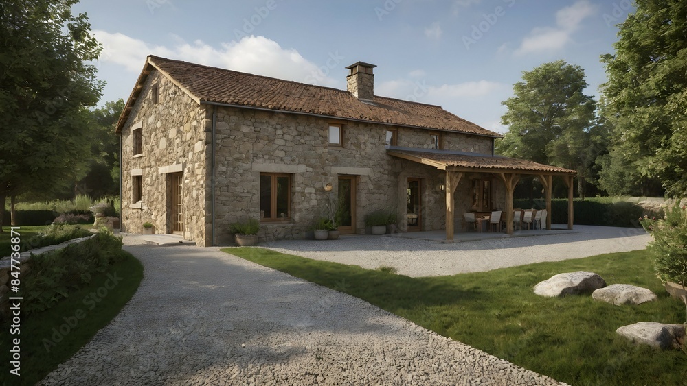 Fototapeta premium A modest rustic farmhouse on the ground floor with stone and cement cladding.