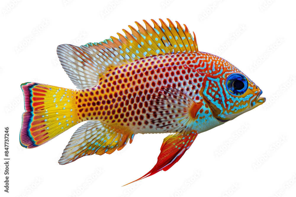 Colorful tropical fish with vibrant patterns and striking blue eyes, isolated on a transparent background. Colorful tropical fish with vibrant patterns and striking blue eyes, isolated on a transparent background.