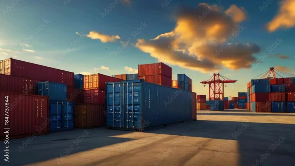 Video shows a container terminal at a seaport with large container ships in the background. Video shows a container terminal at a seaport with large container ships in the background.