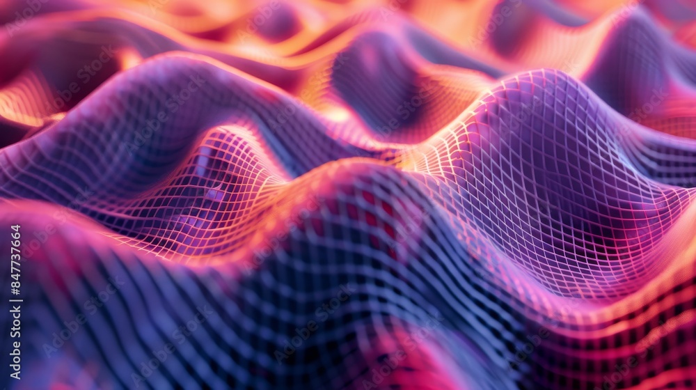 abstract 3D wave pattern with mesh grid in blues, oranges, and reds, evoking thermal imaging or physics waveforms abstract 3D wave pattern with mesh grid in blues, oranges, and reds, evoking thermal imaging or physics waveforms