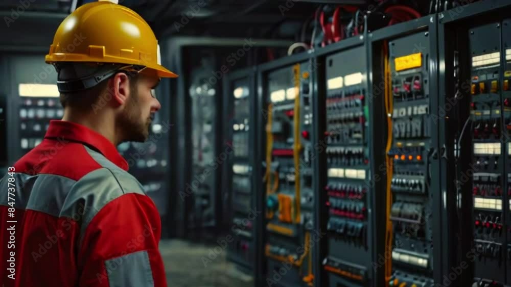 A man in a hard hat and red jumpsuit is looking at a control panel. A man in a hard hat and red jumpsuit is looking at a control panel.