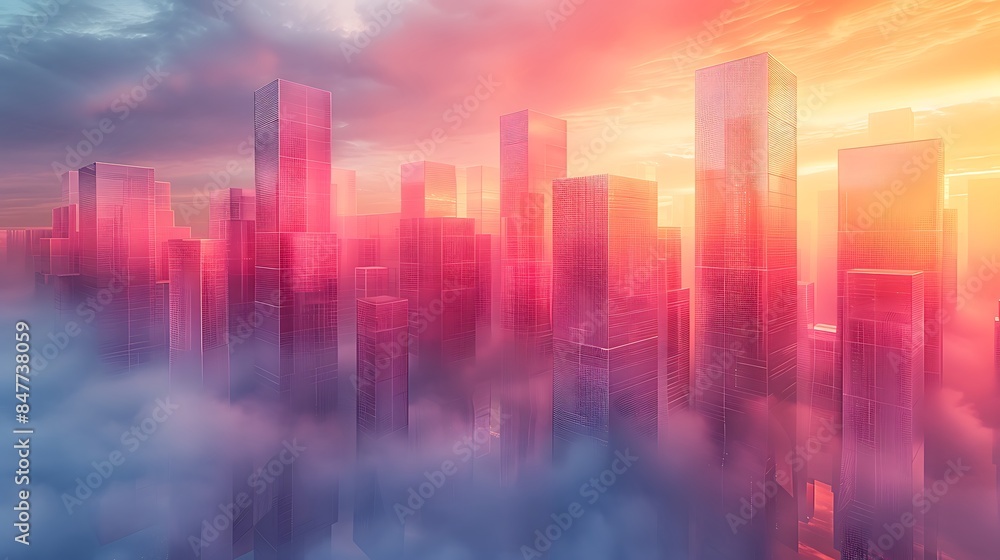 An abstract skyline with rectangles of varying heights, soft pastel colors, hd quality, digital rendering, high contrast, geometric design, modern aesthetic, artistic abstraction, calming ambiance. An abstract skyline with rectangles of varying heights, soft pastel colors, hd quality, digital rendering, high contrast, geometric design, modern aesthetic, artistic abstraction, calming ambiance.