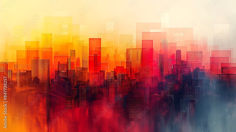 An abstract skyline with rectangles of varying heights, vivid colors, hd quality, digital art, high contrast, geometric design, modern aesthetic, artistic abstraction, dynamic composition.