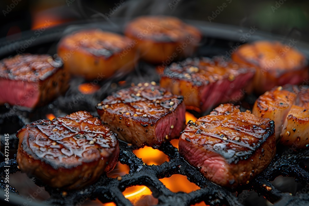 Grilled Beef Steaks Sizzling on Barbecue Grill - Concept for Outdoor Cooking, Summer BBQ, Grilling Meat Recipes Grilled Beef Steaks Sizzling on Barbecue Grill - Concept for Outdoor Cooking, Summer BBQ, Grilling Meat Recipes