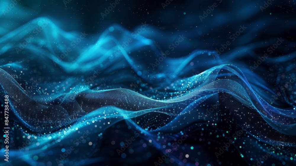 Abstract digital waves with particles and lines in blue and white, suggesting a dynamic flow of energy or data Abstract digital waves with particles and lines in blue and white, suggesting a dynamic flow of energy or data