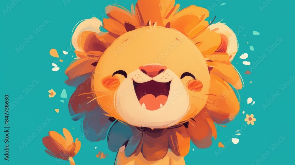 Adorable Smiling Cartoon Lion on Vibrant Teal Background Adorable Smiling Cartoon Lion on Vibrant Teal Background