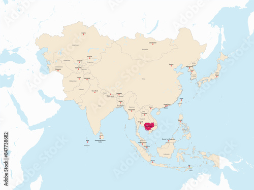 Highlighted red map of CAMBODIA inside light red detailed political map of Asia using orthographic projection on white and blue background