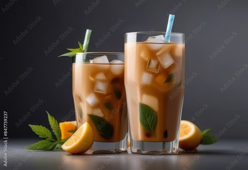 A glass of iced milk tea with ice cubes inside on a grey background A glass of iced milk tea with ice cubes inside on a grey background