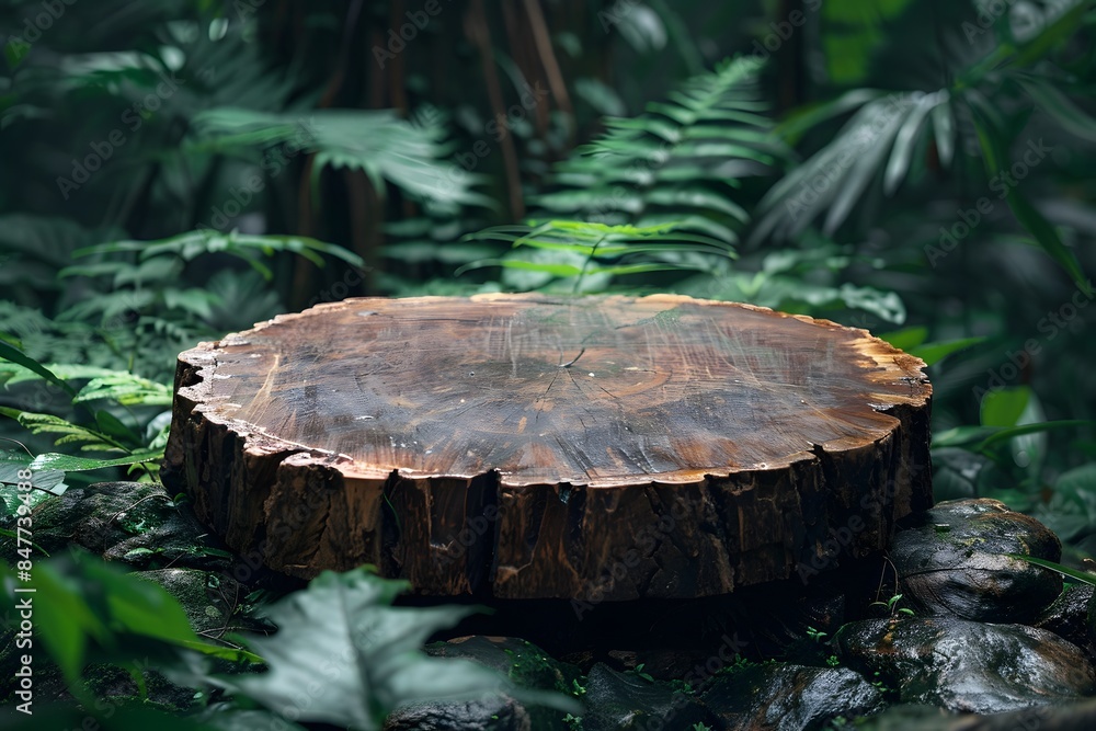 A tree stump podium in the jungle, surrounded by lush greenery and exotic plants. creating an enchanting atmosphere for product display or presentatio A tree stump podium in the jungle, surrounded by lush greenery and exotic plants. creating an enchanting atmosphere for product display or presentatio