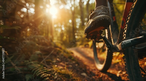 The Thrill of Mountain Biking: Cyclist's Foot on Pedal with Forest Trail Blur photo