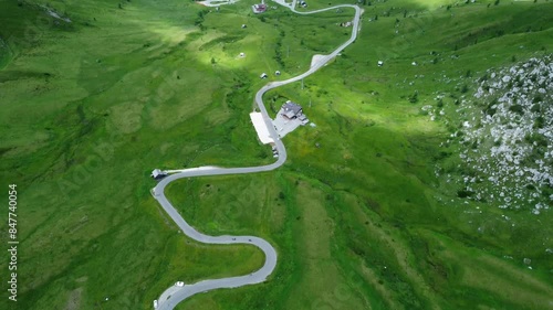 Drone Aerial Flight Over Majestic Mountain Peaks Dolomites, Italy photo