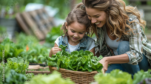 Mother and daughter having fun in the garden, harvesting fresh vegetables together, with happy smiles on their faces.