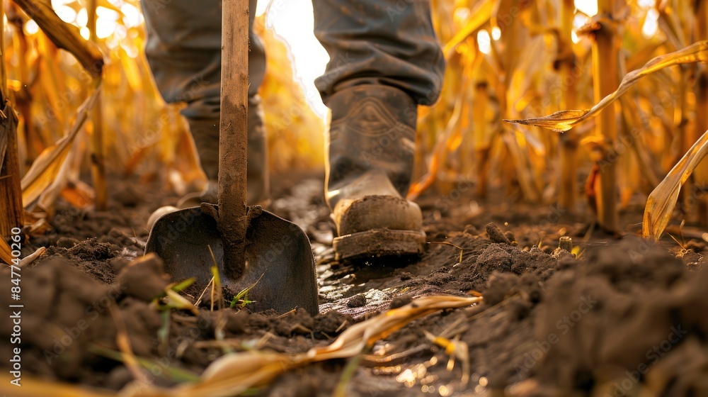 Farmer's Boot Pressing on Shovel in Cornfield with Blurred Golden Corn Stalks in Background Farmer's Boot Pressing on Shovel in Cornfield with Blurred Golden Corn Stalks in Background